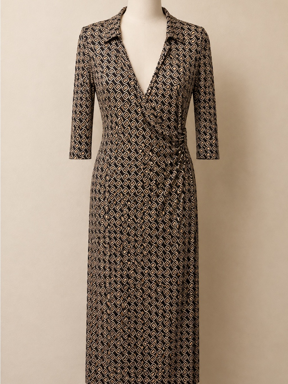 Emma & Michele Black and Cream Geometric Wrap Maxi Dress